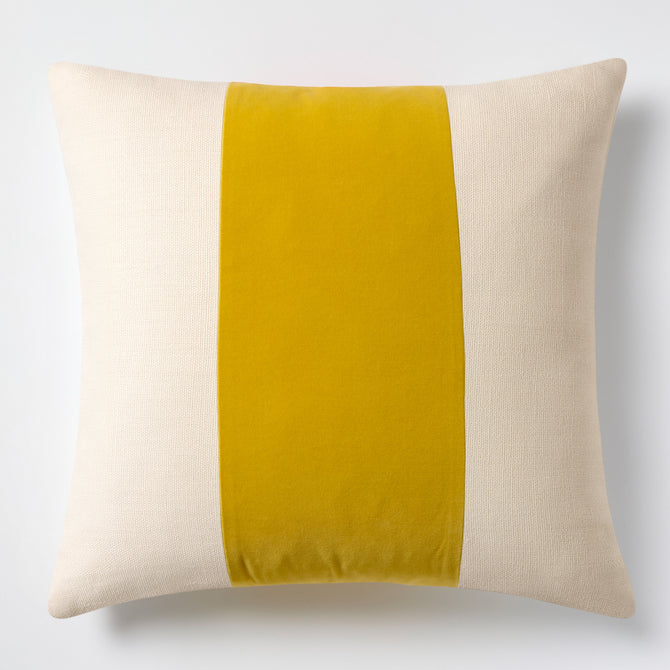 20x14 inch rectangular pillow with a wide sun yellow velvet center stripe on cream Belgian linen with a subtle flange.