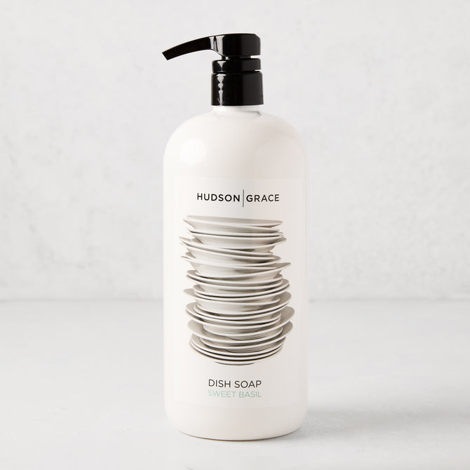 White HG Sweet Basil Dish Soap, 32 oz, with black pump and stacked dishes graphic.