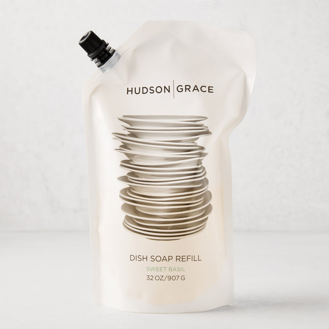 Hudson Grace Sweet Basil Dish Soap Refill pouch, 32oz, with stacked dishes graphic.