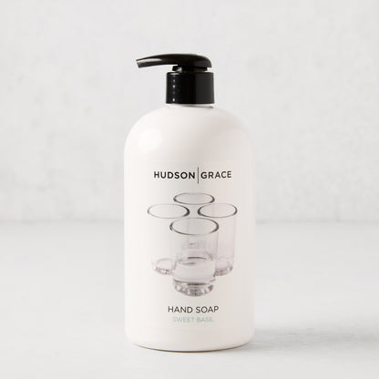 White HG Sweet Basil Hand Soap, 16 oz, with black pump and clear glass graphic.