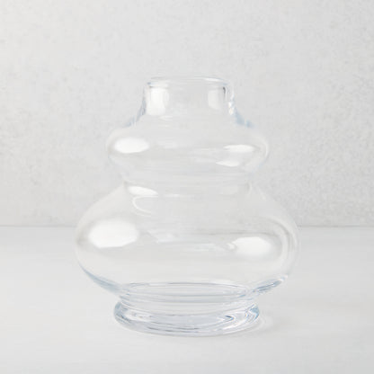 Sylvia Glass Vase, clear mouth-blown glass, sculptural honey dipper silhouette, 9.5"H.