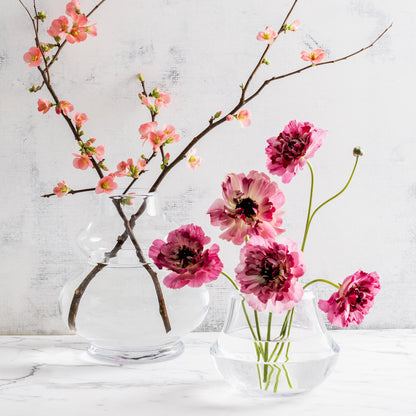Two clear Sylvia glass vases, one tall with pink flowering branches, one short with pink ranunculus.