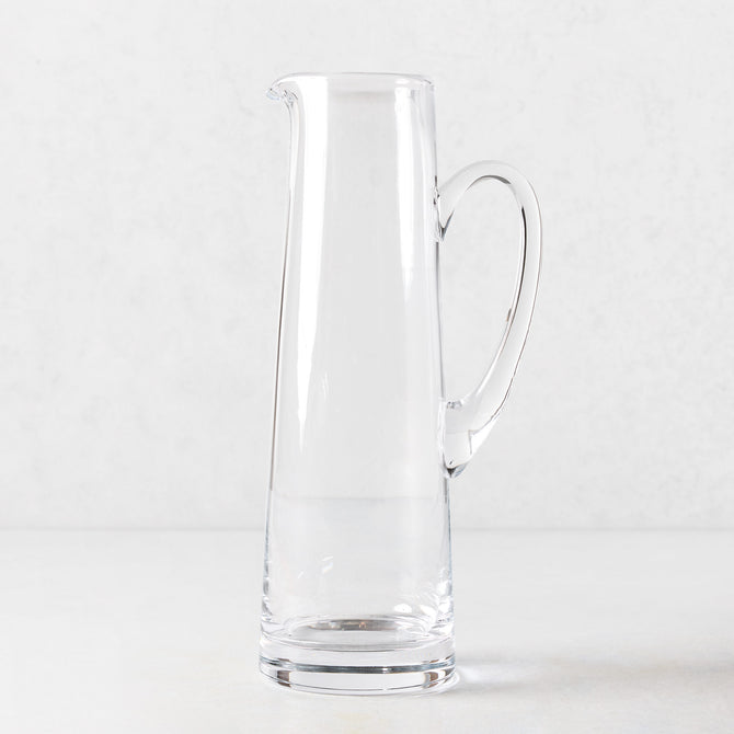 Tall, clear glass tapered bar pitcher with handle, 12.7"H, 57oz capacity.