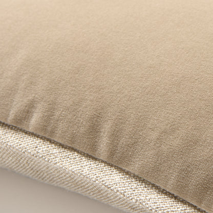 Tan reversible velvet and linen lumbar pillow, 20"L x 14"H.