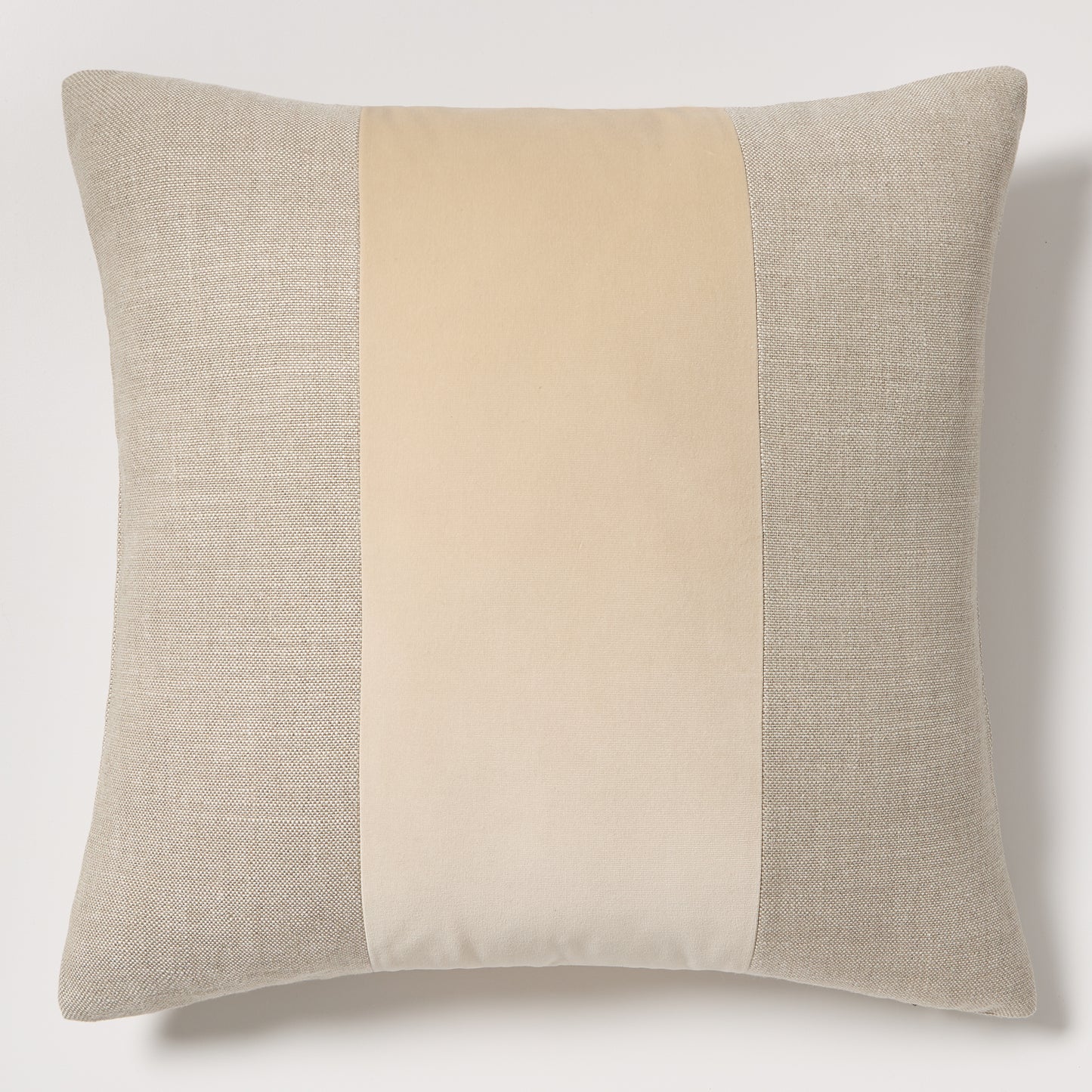 Tan tonal wide velvet stripe and linen 22" square pillow with hidden zipper.