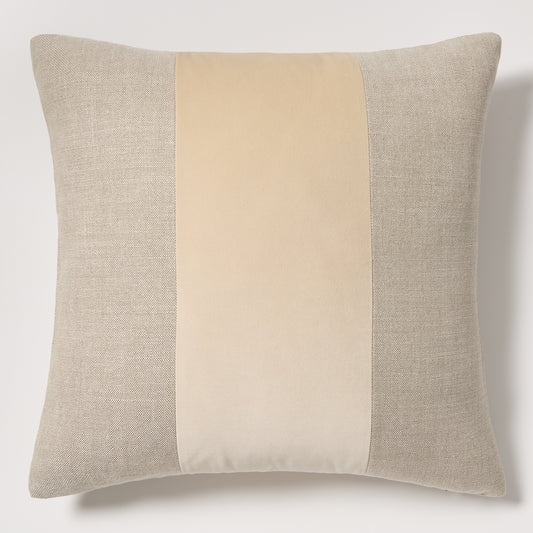 Tan tonal wide velvet stripe and linen 22" square pillow with hidden zipper.