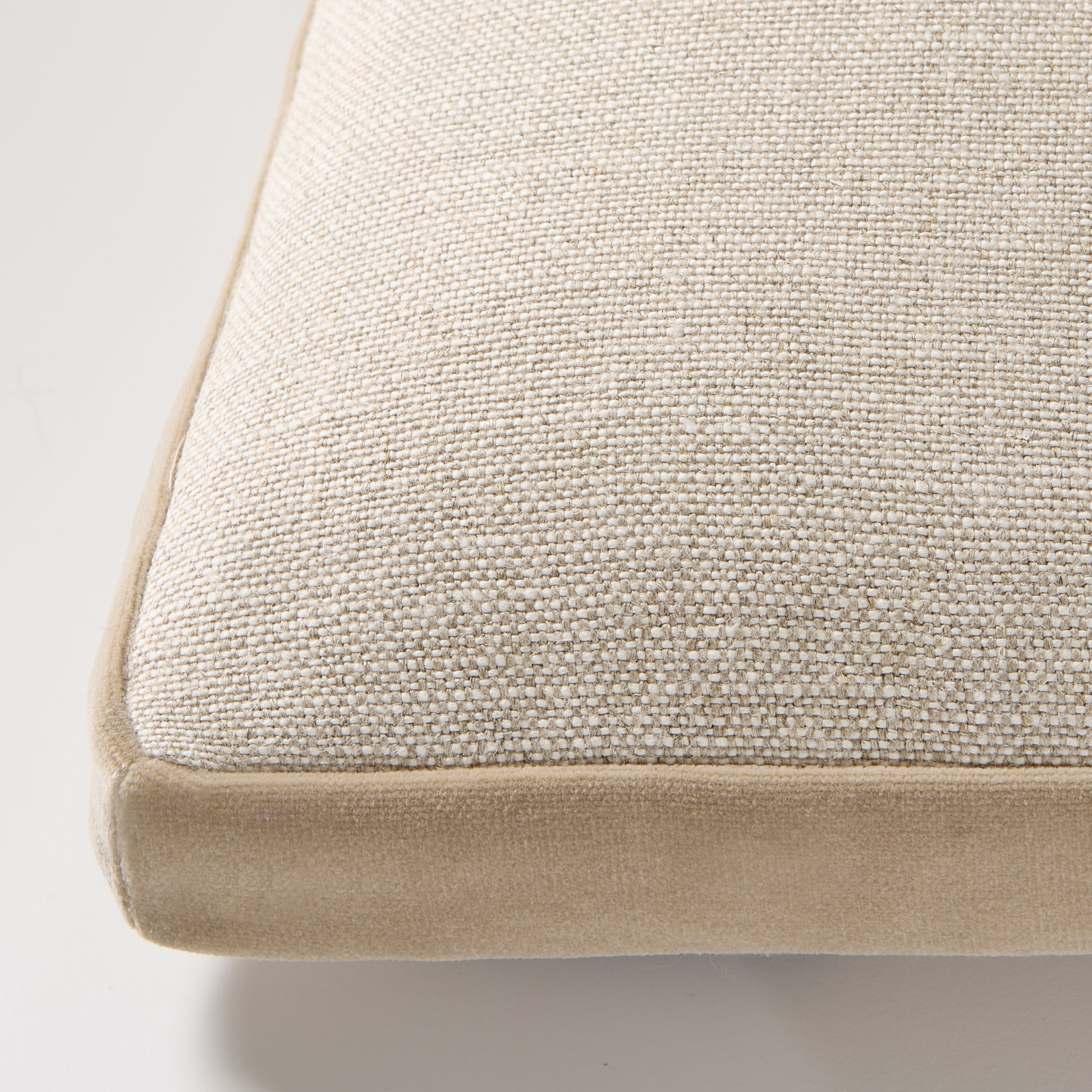 Tan velvet gusseted and linen lumbar pillow, 20"L x 14"H, with textured Belgian flax linen.