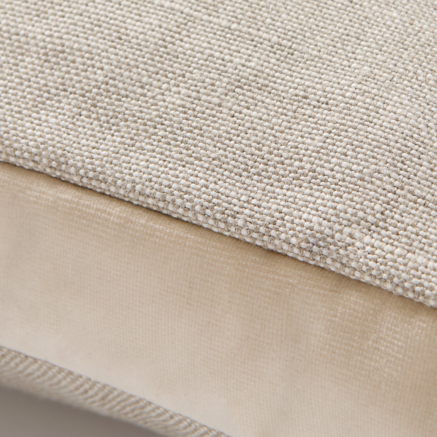 Tan velvet gusseted and linen square pillow, 22" with textured fabric.