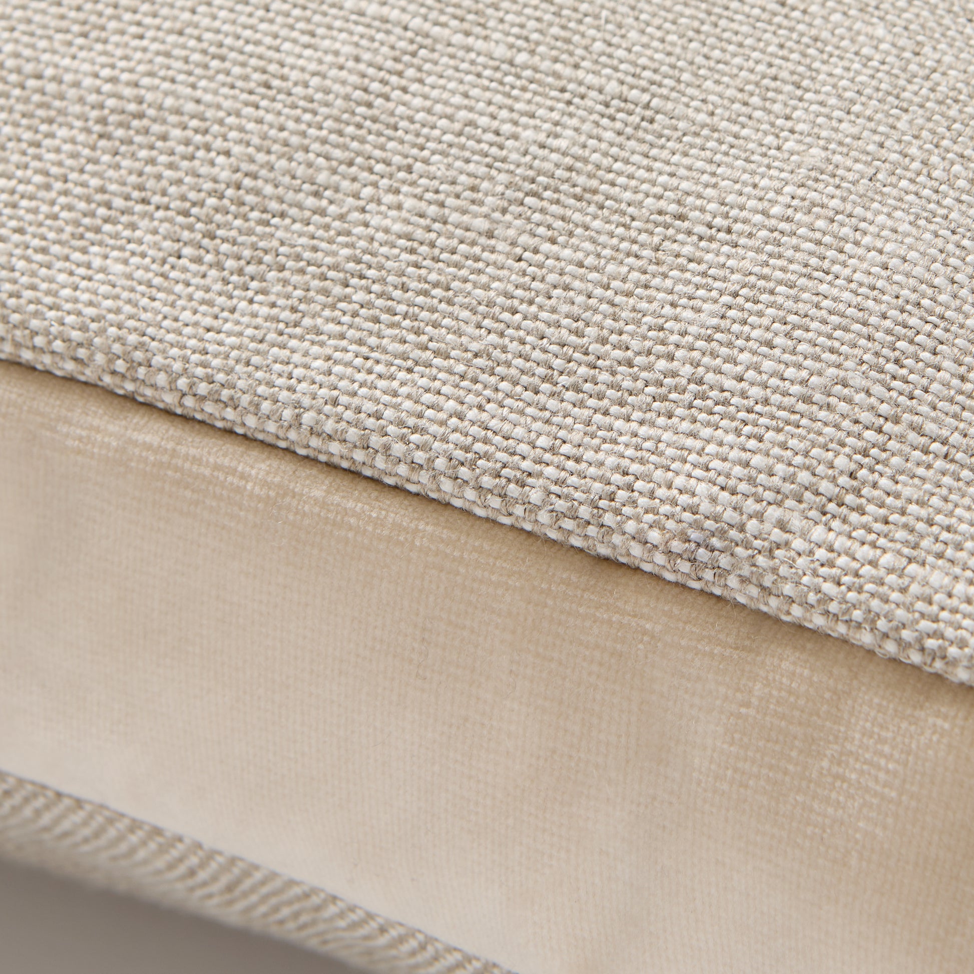 Tan velvet gusseted and linen square pillow, 22" with textured fabric.