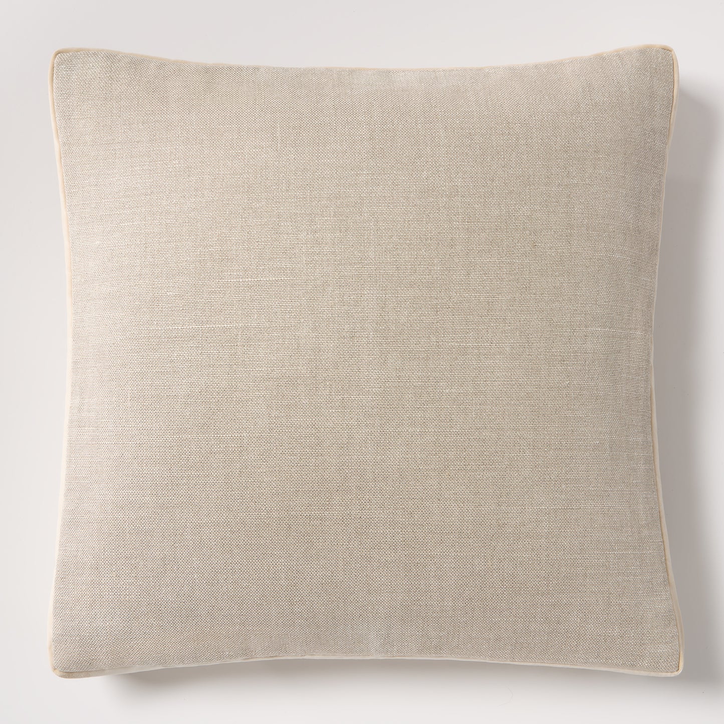 Tan Belgian linen square pillow with velvet gusset, 22".