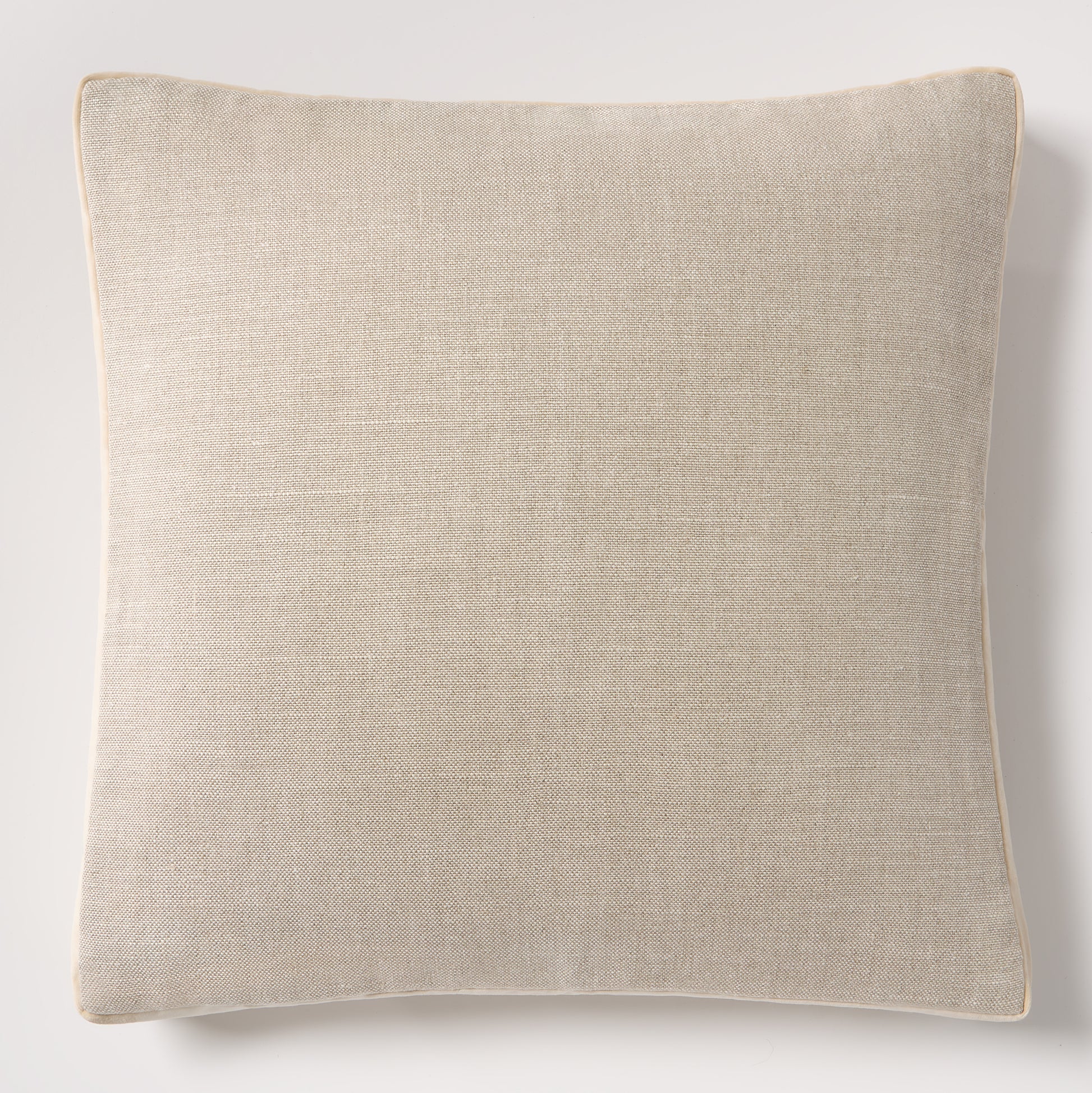 Tan Belgian linen square pillow with velvet gusset, 22".