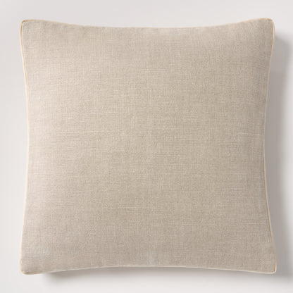 Tan Belgian linen square pillow with velvet gusset, 22".