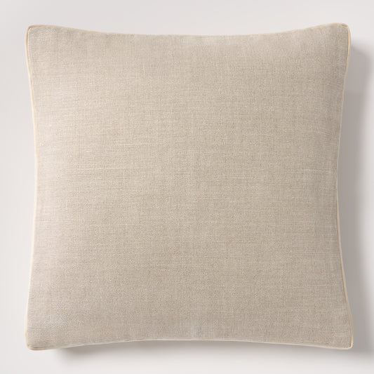 Tan Belgian linen square pillow with velvet gusset, 22".