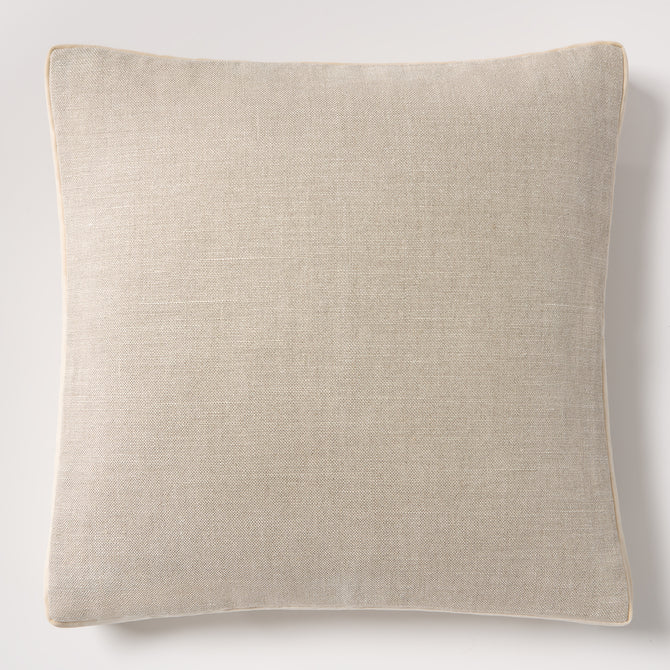 Tan Belgian linen square pillow with velvet gusset, 22".