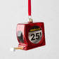 Red glitter glass tape measure Christmas ornament with "HANDY & CO. 25'" label.