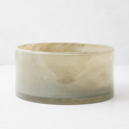 Hand-blown taupe glass cylinder decorative bowl with a smooth, modern finish, 9.8 inches in diameter.