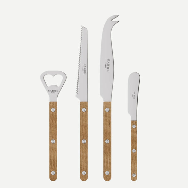 Teak Bistro Aperitif Set: bottle opener, tomato knife, cheese knife, and butter spreader with teak wood handles.