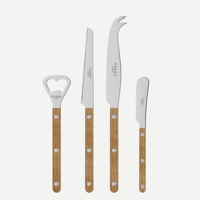 Teak Bistro Aperitif Set: bottle opener, tomato knife, cheese knife, and butter spreader with teak wood handles.
