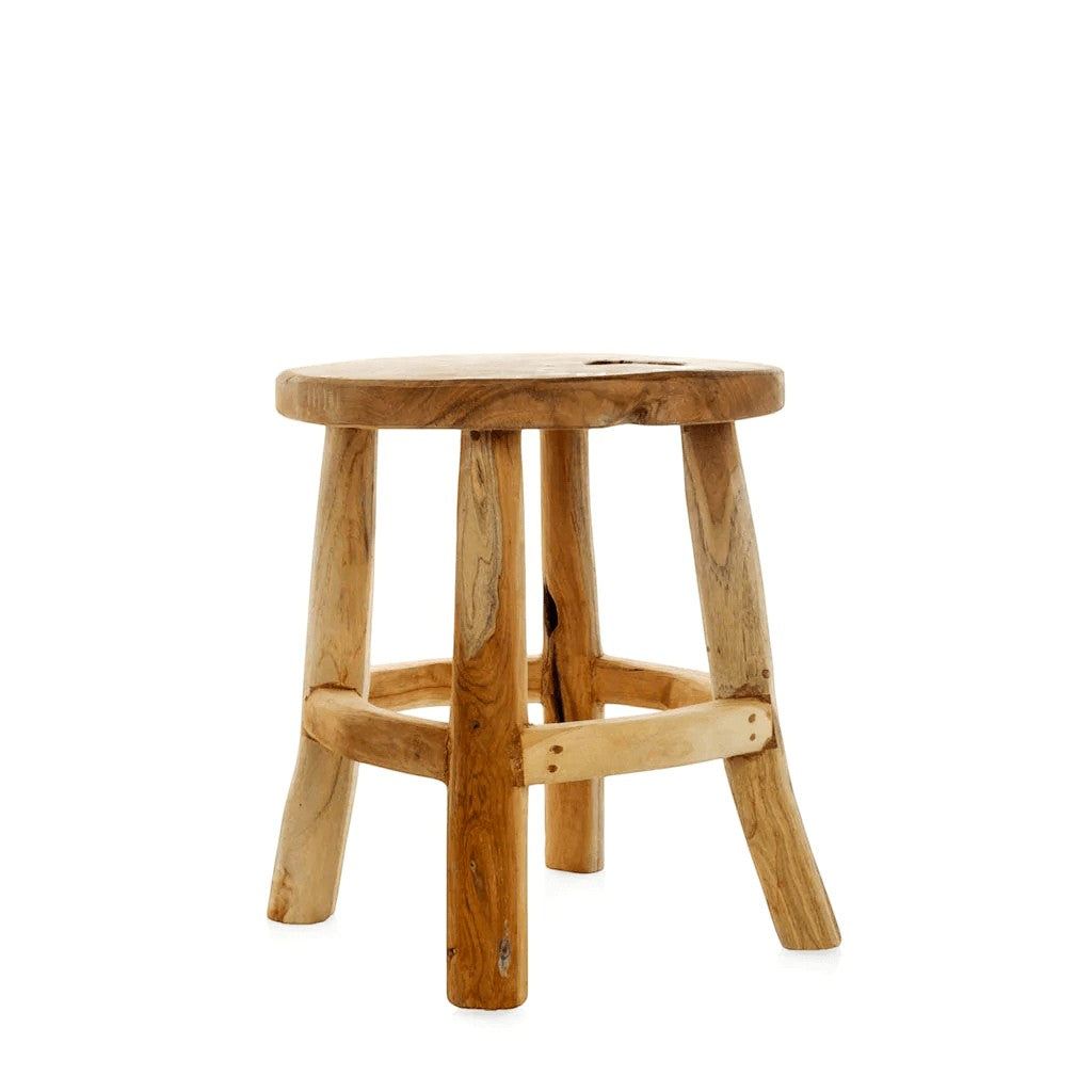 Reclaimed teak wood stool, 17" tall, with natural grain and rustic finish.