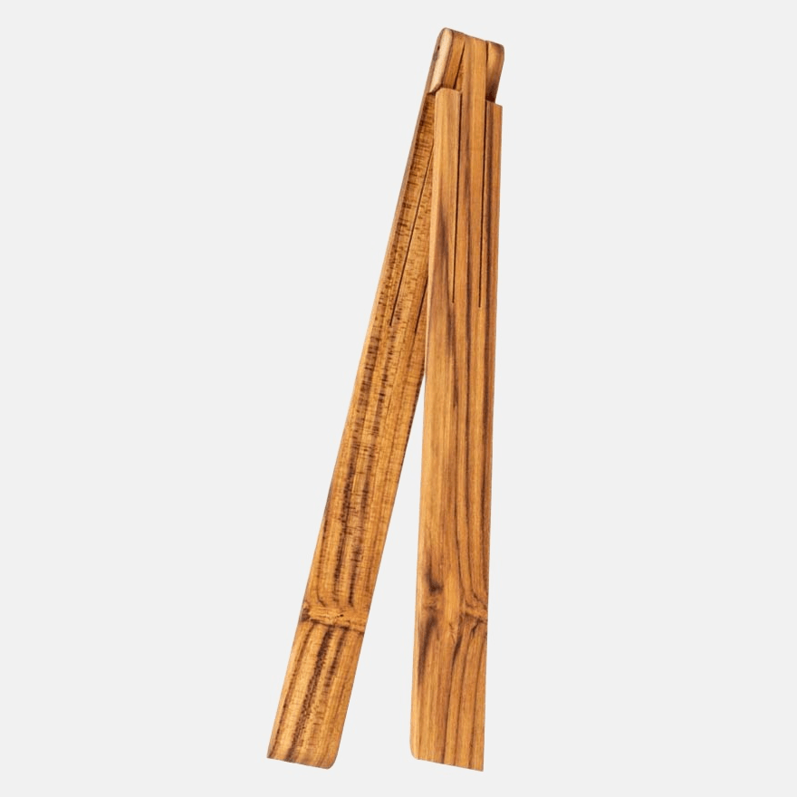 Foldable 7" L x 1" W teak wood serving tongs with natural grain, standing upright.