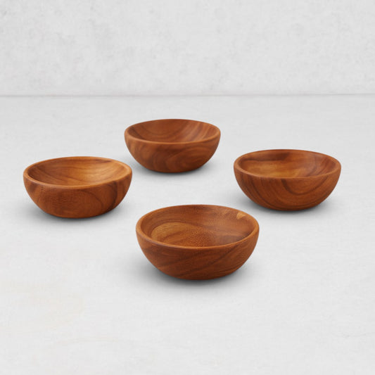 Set of 4 round, natural teak wood pinch bowls with smooth finish, 2.5" Dia x 1"H.