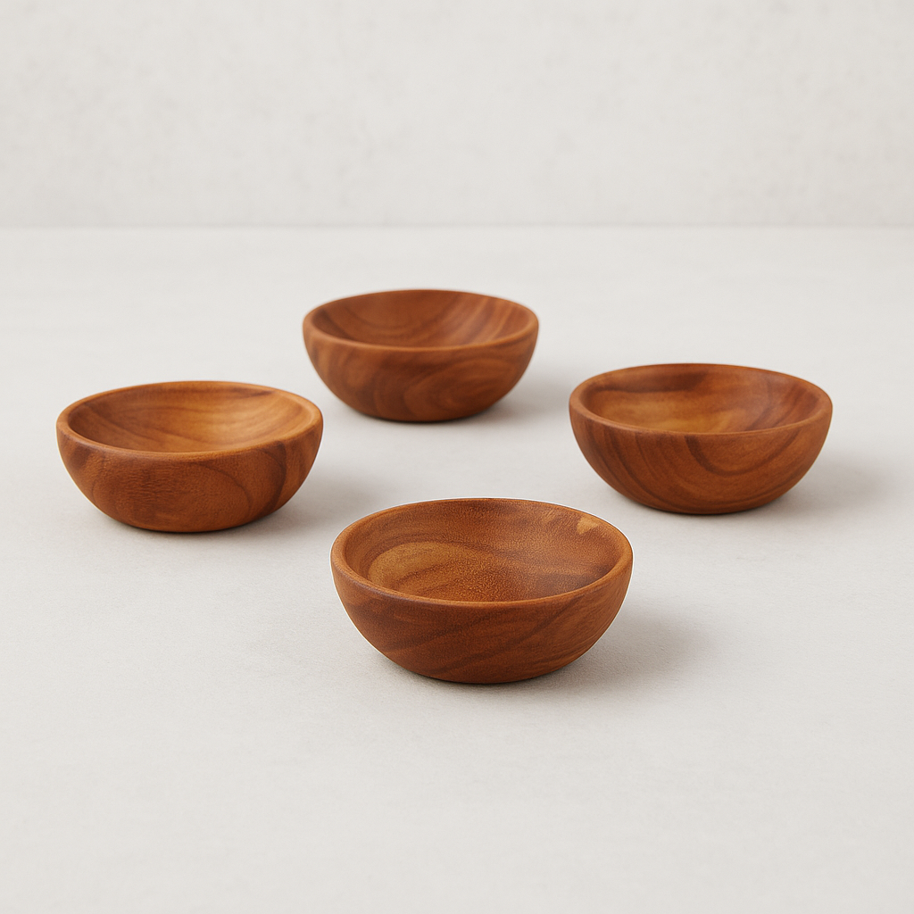 Set of 4 round, natural teak wood pinch bowls with smooth finish, 2.5" Dia x 1"H.