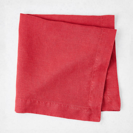 Tennis Shoe HG 22-inch square hand-dyed linen napkin in Flame red with mitered corners.