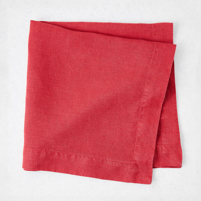 Tennis Shoe HG 22-inch square hand-dyed linen napkin in Flame red with mitered corners.