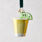 Mouth-blown glass tequila shot ornament with a gold glass, white glitter rim, and green lime slice.