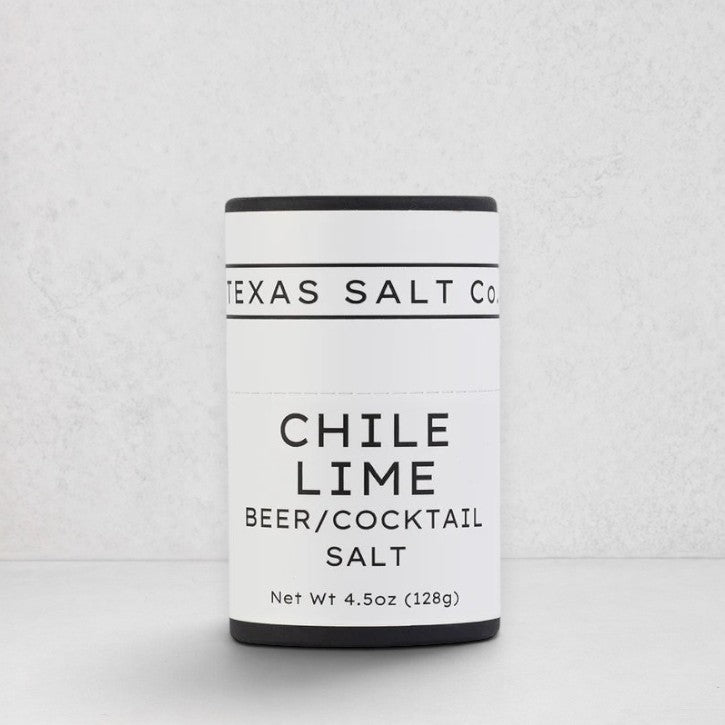 Texas Salt Co. Chile Lime Beer/Cocktail Salt, 4.5oz white and black cylindrical container.