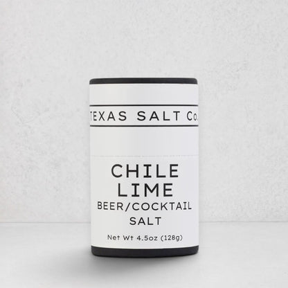 Texas Salt Co. Chile Lime Beer/Cocktail Salt, 4.5oz white and black cylindrical container.