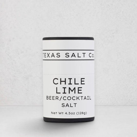 Texas Salt Co. Chile Lime Beer/Cocktail Salt, 4.5oz white and black cylindrical container.