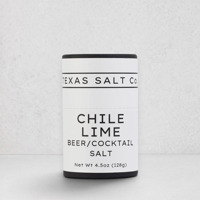 Texas Salt Co. Chile Lime Beer/Cocktail Salt, 4.5oz white and black cylindrical container.