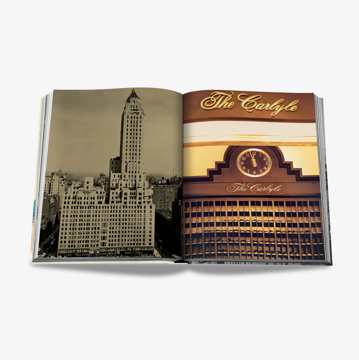 Open "The Carlyle" linen hardcover book showing a vintage building photo and a clock with "The Carlyle" text.
