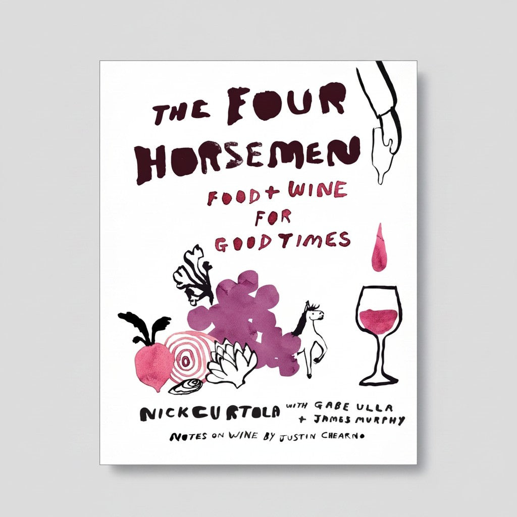 Hudson Grace hardcover cookbook titled The Four Horsemen featuring whimsical wine and food illustrations