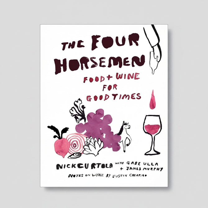 Hudson Grace hardcover cookbook titled The Four Horsemen featuring whimsical wine and food illustrations
