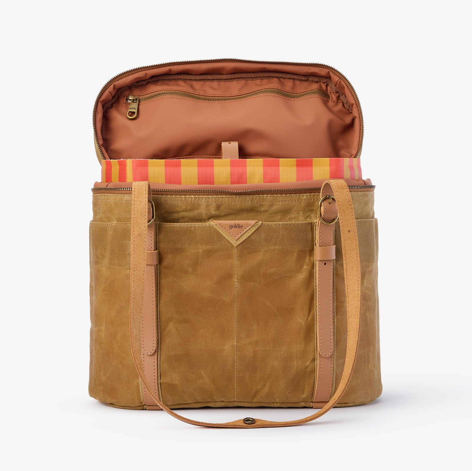 Goldie Picnic Bag: Tan waxed canvas insulated tote with leather accents and red/gold Picnic Stripe lining.