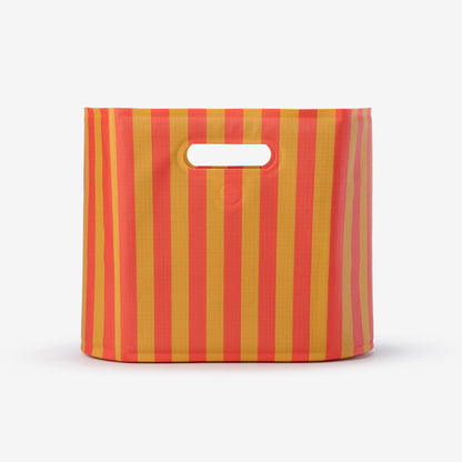 Goldie Picnic Bag, red and gold striped waxed canvas, insulated, with cutout handles.