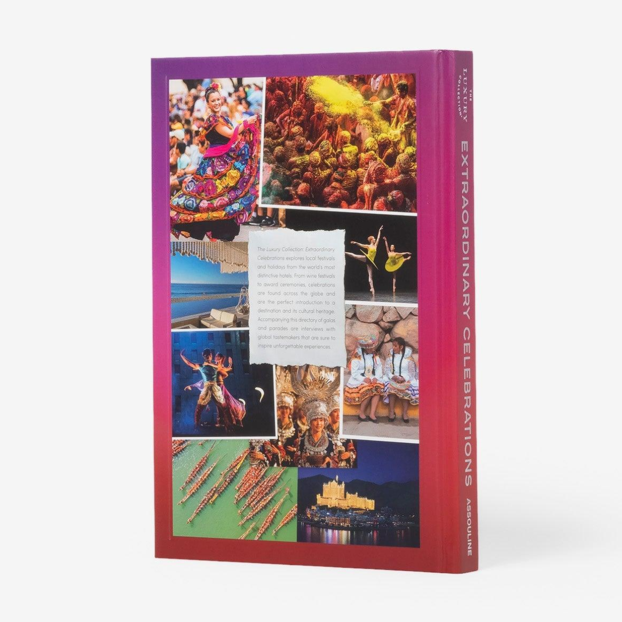 Matte laminated hardcover book, "Extraordinary Celebrations," featuring colorful global festival images and purple spine.