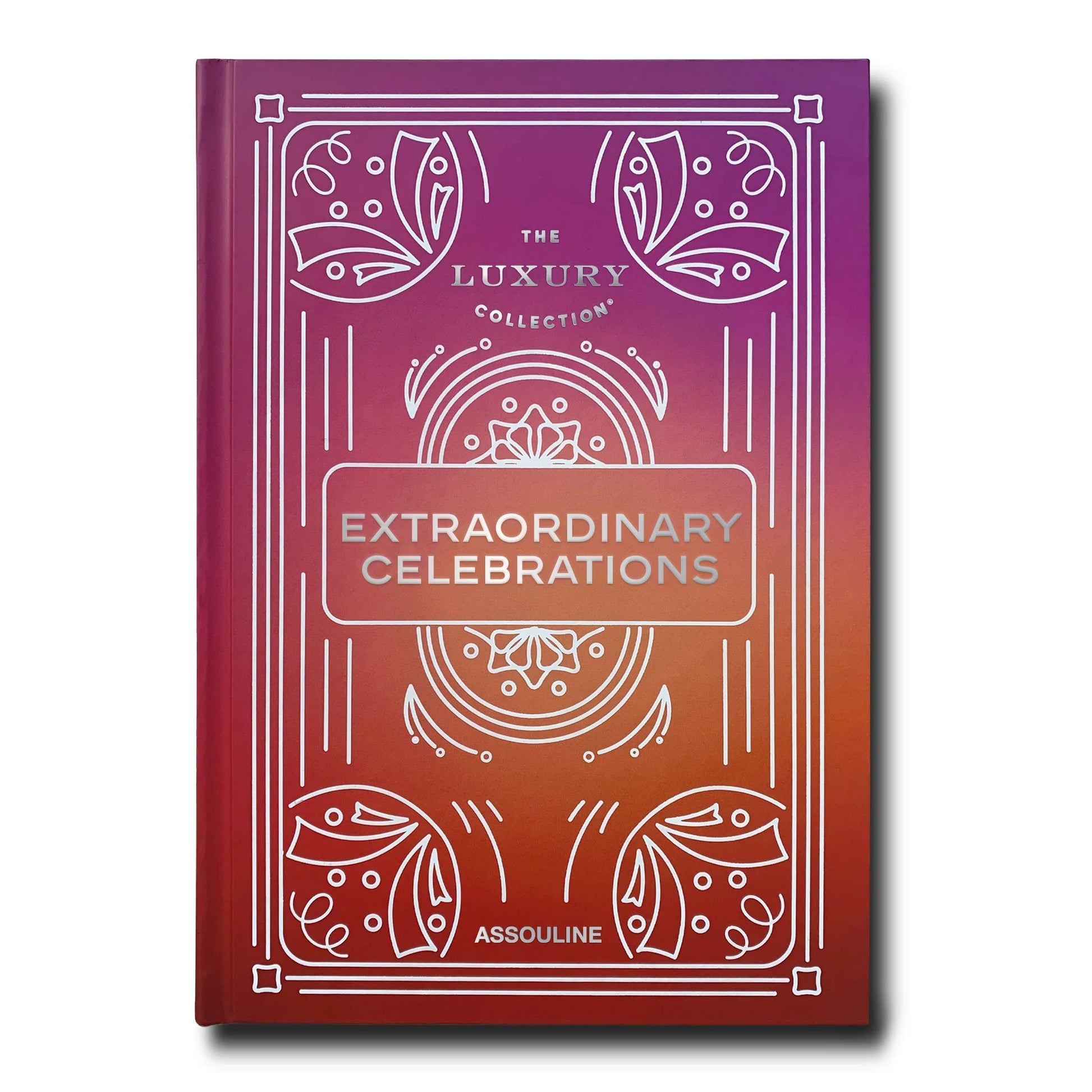 Extraordinary Celebrations" book, matte laminated hardcover with purple to orange gradient and white ornate designs.