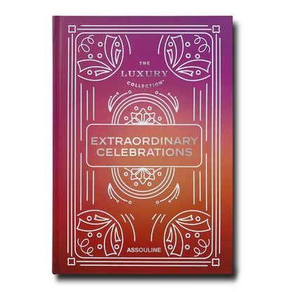 Extraordinary Celebrations" book, matte laminated hardcover with purple to orange gradient and white ornate designs.