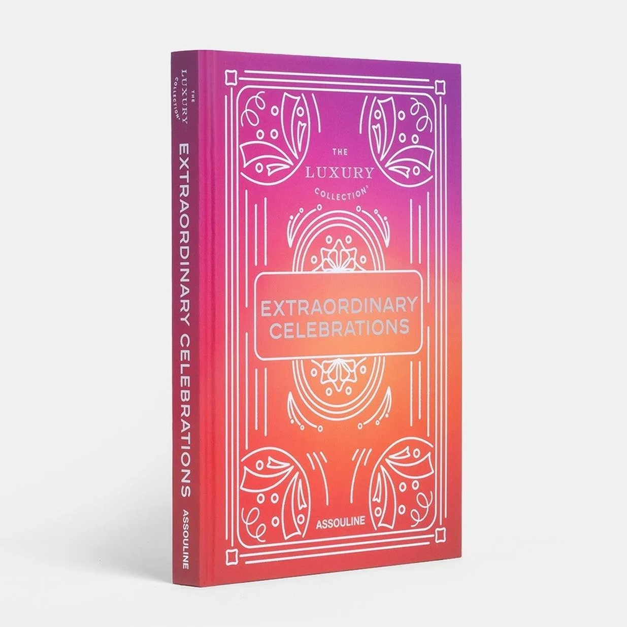 Extraordinary Celebrations" book, matte laminated hardcover with purple to orange gradient and white line art.