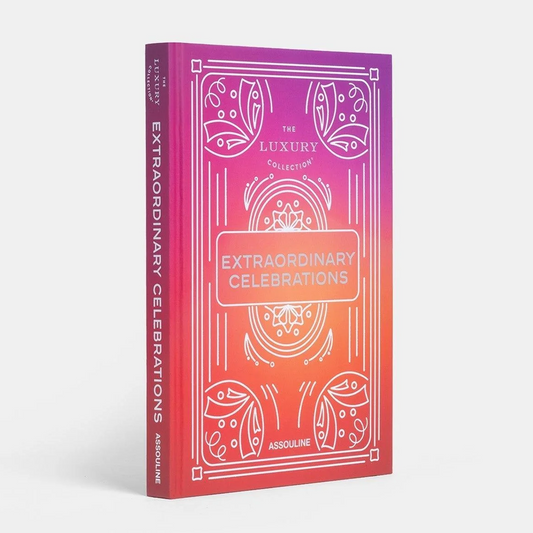 Extraordinary Celebrations" book, matte laminated hardcover with purple to orange gradient and white line art.