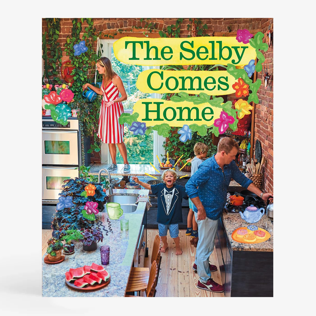 Hardcover book, "The Selby Comes Home," with colorful cover art of a family in a vibrant, plant-filled kitchen.