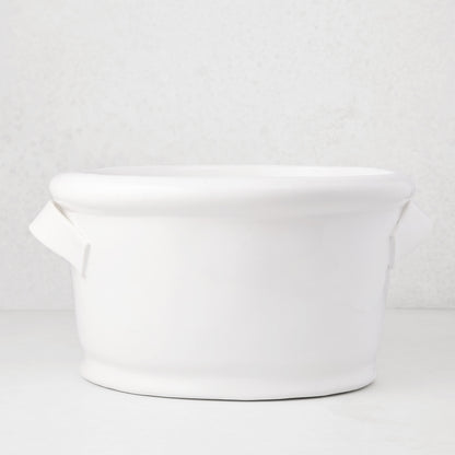 Tivoli white ceramic ice bucket with two simple handles, 17.3"L x 14"W x 9.4"H.