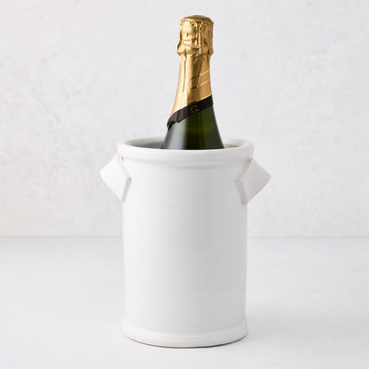 Tivoli white ceramic wine cooler with two handles, holding a champagne bottle.