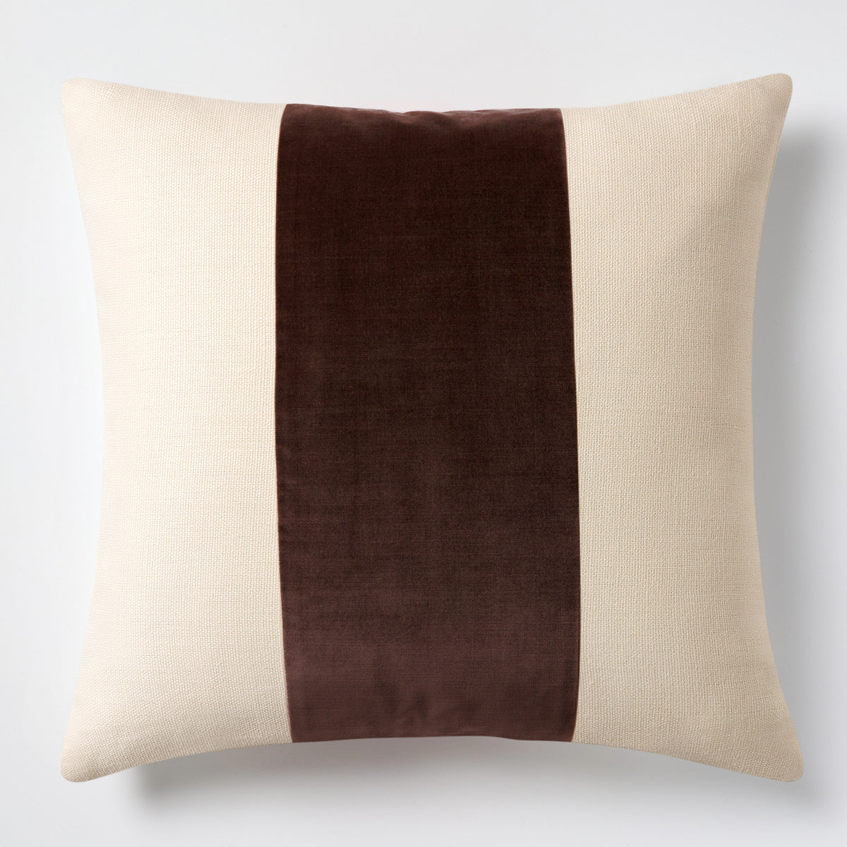 20x14 inch rectangular linen pillow with a wide, centered brown velvet stripe and subtle flange edge.