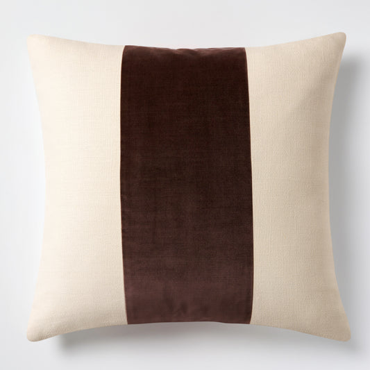 20x14 inch rectangular linen pillow with a wide, centered brown velvet stripe and subtle flange edge.