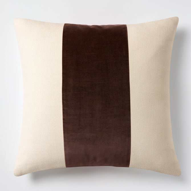 20x14 inch rectangular linen pillow with a wide, centered brown velvet stripe and subtle flange edge.