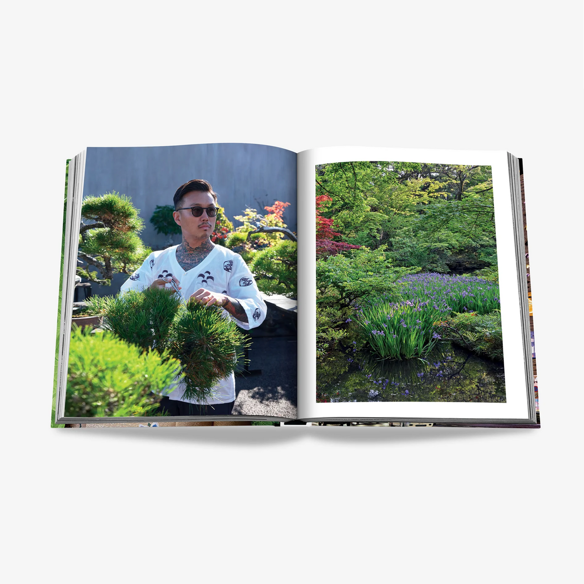 Open "Tokyo Chic" book showing a man tending bonsai and a vibrant Japanese garden.